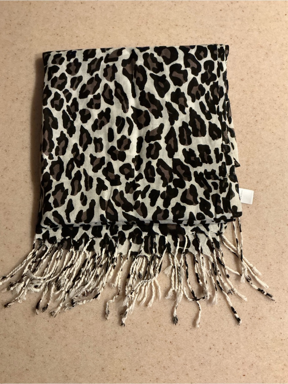 Route 66 Leopard Print Fringe Scarf - Black and Cream